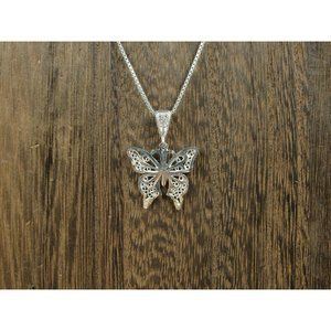 16" Sterling Silver Cool Filigree Butterfly Pendant Necklace Vintage Minimalist
